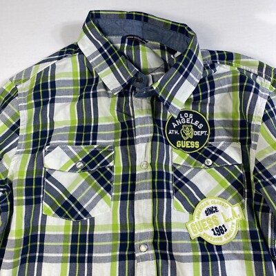 Guess Plaid Shirt Mens Size Medium Pearl Snap LA Athletic Dept Patches NWT
