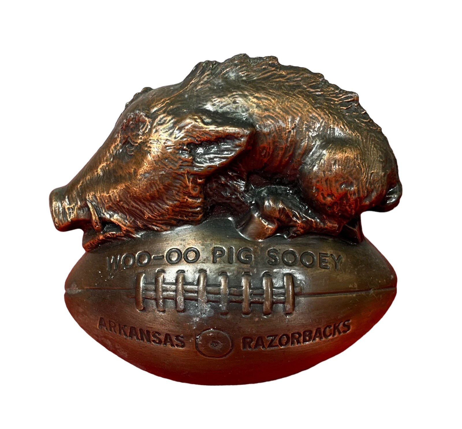 Vintage c. 1960's Arkansas Razorbacks Metal Banthrico Football Mascot Bank Sooey
