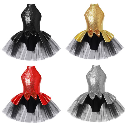 Girls Sequin Halter Ballet Mesh Tutu Dress Modern Jazz Latin Dance Leotard Dress
