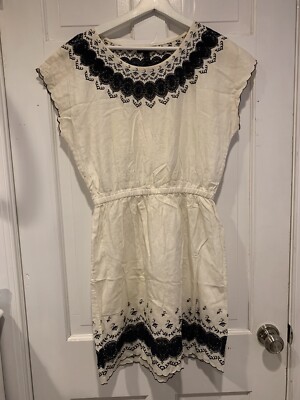 EUC J.Crew Collection || Embroidered Eyelet Linen Midi Dress White + Navy 4  | eBay
