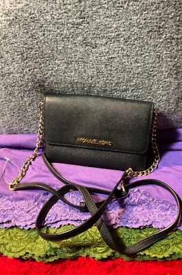 Michael Kors Jet Set Black Pebble Grain Leather Organizer Flap Snap Crossbody