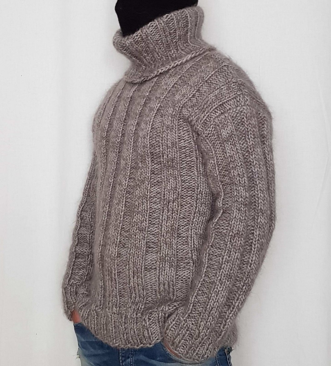 Hand knitted MOHAIR WOOL elastic mens sweater with turtleneck, soft, hairly