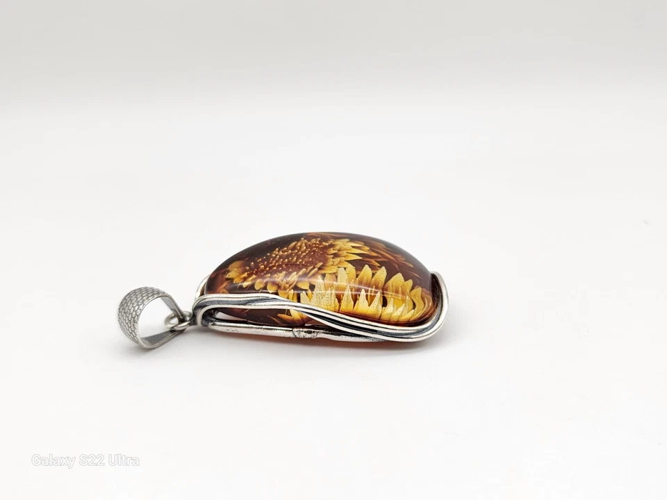 LG NUEVO. COLGANTE GIRASOL INTAGLIO ÁMBAR NATURAL TALLADO A MANO PLATA DE LEY 925 Foto 3 de 4