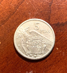 Vintage 1957 5 Pitas Nickel Coin Spain Circulated, #1055
