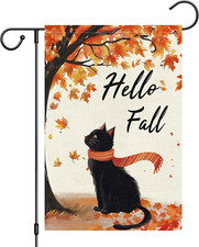 Hello Fall Garden Flag 12 X 18 Inch Vertical Double Sided Burlap, Black Cat Gard