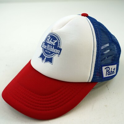 Pbr Hat Pabst Blue Ribbon Beer Trucker Snapback Vintage Mesh Red White Blue 4A
