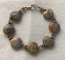 Jasper Bead Bracelet w/Heart Shaped Beads & Silver Hardware
