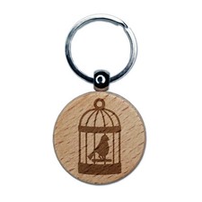 Bird Cage with Bird Engraved Wood Round Keychain Tag Charm