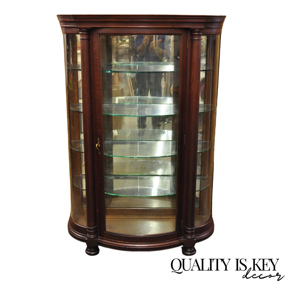 Antique American Empire Victorian Oak Wood Bowed Glass China