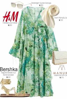 H&M Green Floral Flounced Floaty Chiffon Voluminous Maxi Dress Size M 12 14  16 | eBay
