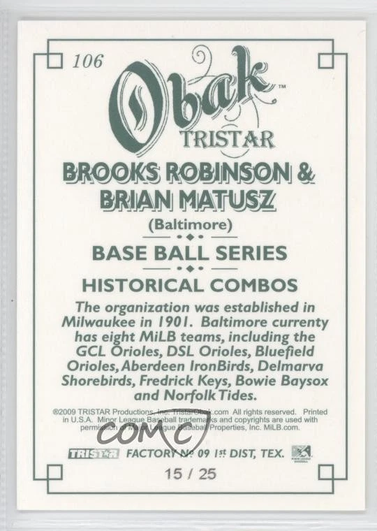 TRISTAR 2009 verde obaco/25 Brian Matusz Brooks Robinson #106 patio Foto 2 de 2