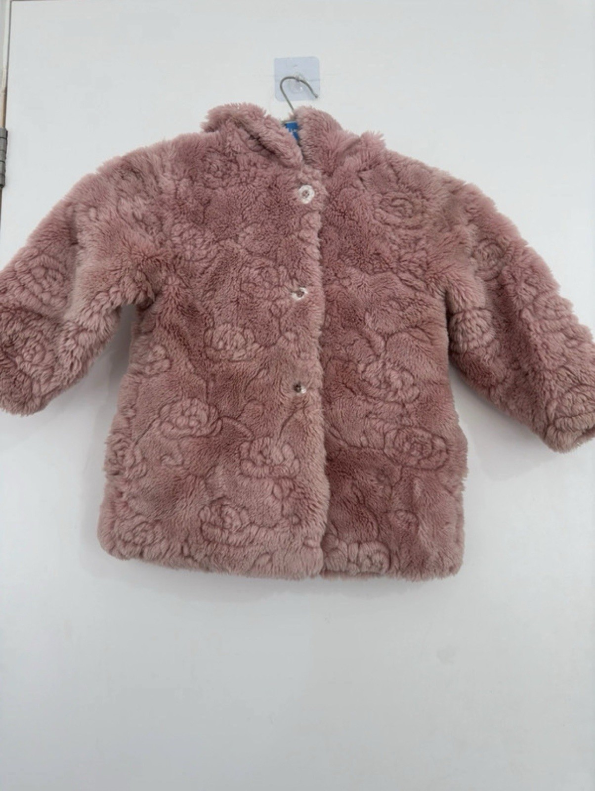 Vintage Y2K Debenhams Pink Satin Lined Hooded Fur Coat Size 18-24 Months