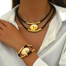 2pcs Vintage Oval Necklace & Bracelet SetGold & Silver Layered Fashion Jewelry