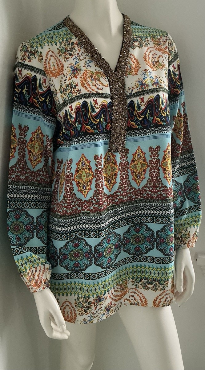 Cotton Traders Beaded Keyhole Neck Colourful Tunic Top Sz 12 Worn Once Free P&P View 2