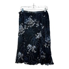 Sag Harbor Petite Black Floral Chiffon Midi Skirt Blue White A-Line 14P S72440