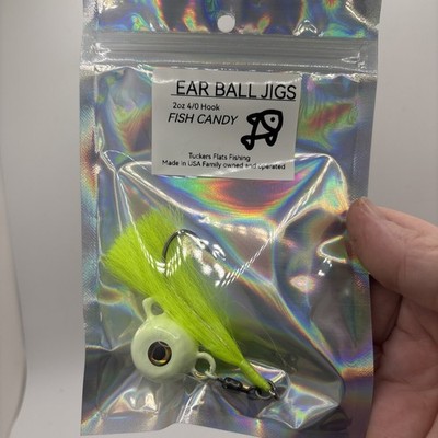 Neon white 2oz Ear Ball Jig with 4/0 Hook with Teaser in Neon Green