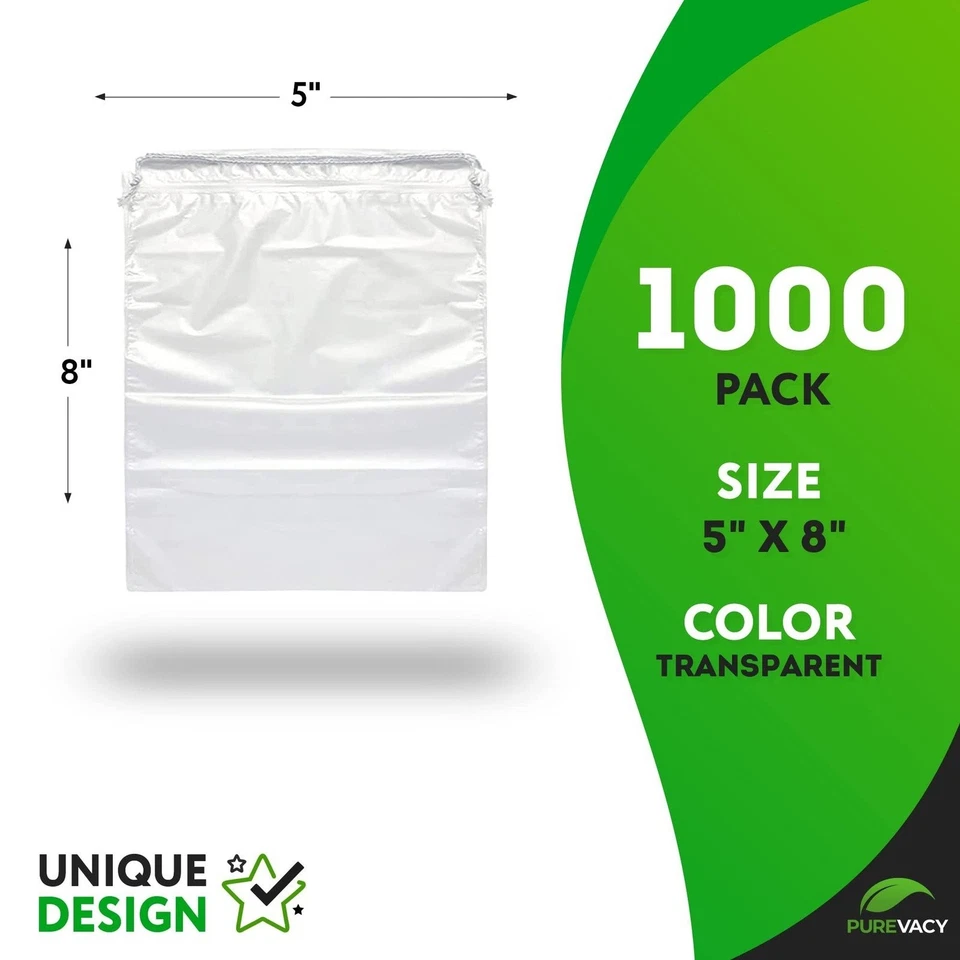 Drawstring Bags 5" x 8" 1000 Clear Plastic 2 mil Pouches with Closures - Image 2 of 4