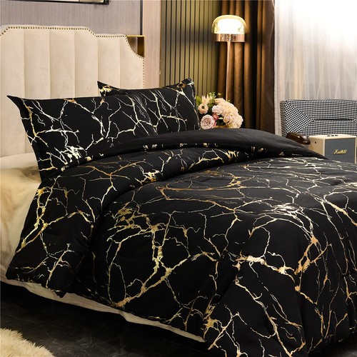Gold Metallic Marble Comforter Set King Size Foil Print Glitter Bedding Sets,... - Picture 3 of 9