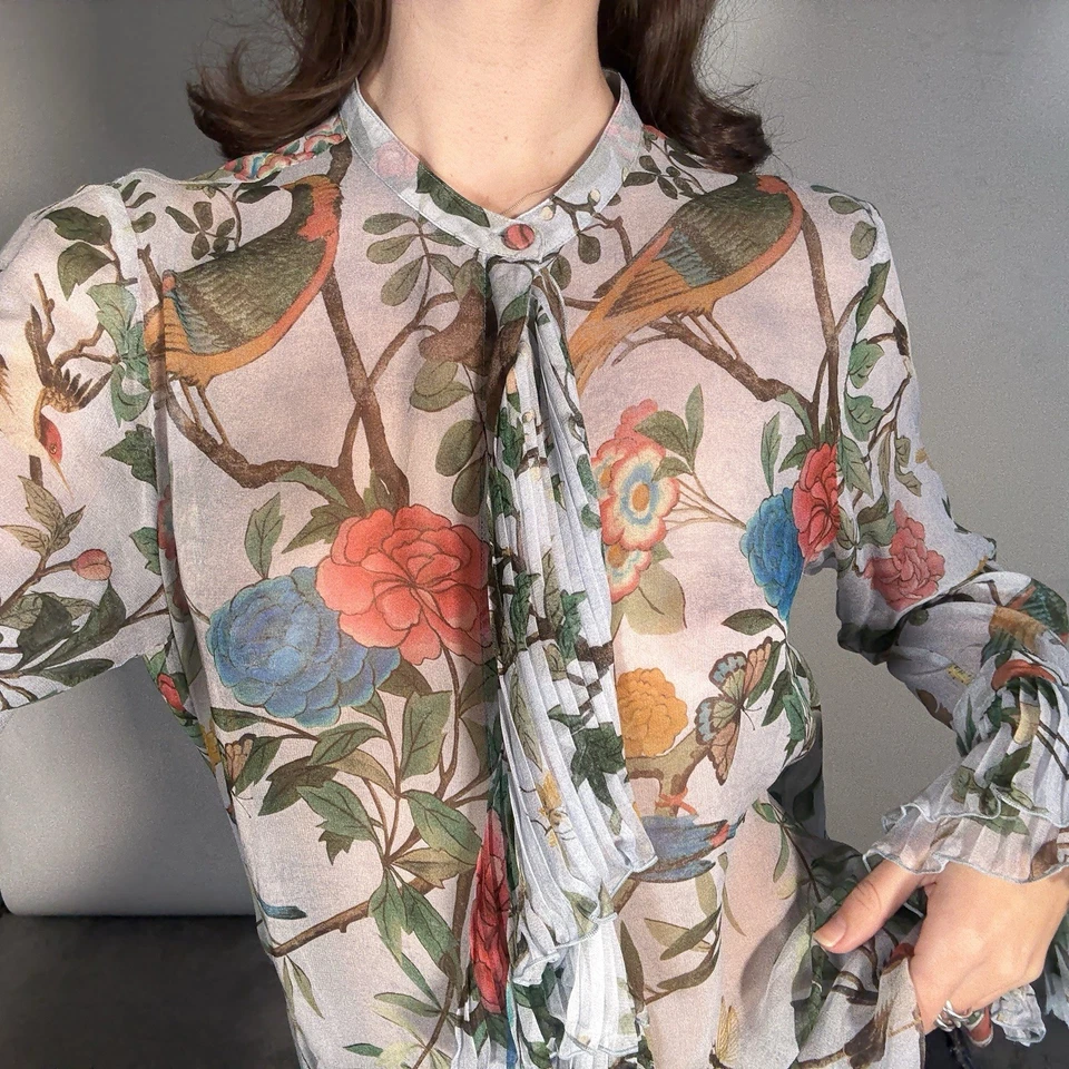 GUCCI Blouse IT 42 UK 10 Blue Sheer Floral Ruffle Front & Sleeve Button Down — 第 2/4 张图片