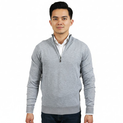 Real Cashmere Light Grey Half Zip Fine Cashmere Blend Mens Sweater-S