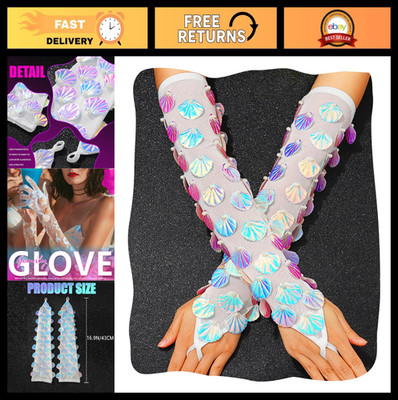 Mermaid Fingerless Long Gloves, Fish Scale Arm Sleeves, White Shell Design for W