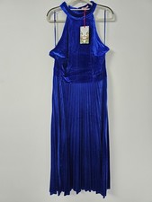 Joe Browns Pleated Midi Dress Womens UK16 Blue Velvet Halter Neck Evening Party