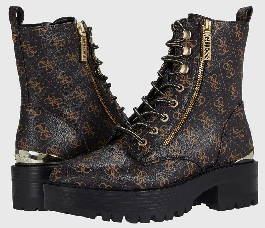 Women’s 8m GUESS Fearne LOGO COMBAT BOOTS Brown Gold PLATFORMS NEW Size 8