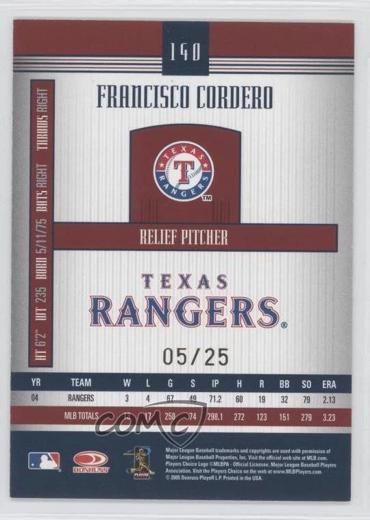 2005 Donruss Signature Series Century Gold /25 Francisco Cordero #140 - Image 2 of 2