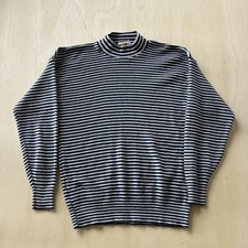 Vintage Poplar Sweater Mens Medium Blue Striped Mock Neck Tight Knit Pullover