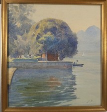 Gottlieb Kägi, lungolago, acquerello, firmato, artista svizzero
