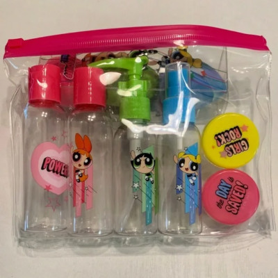 Powerpuff Girls 7pc Lot Travel Set Spray Squirt Bottles, Lidded Containers, Bag