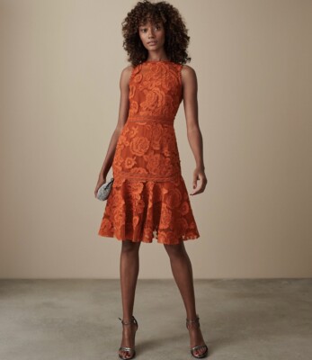 Reiss Adia Lace Fit And Flare Dress Brunt orange Size NWT RRP £235  UK
