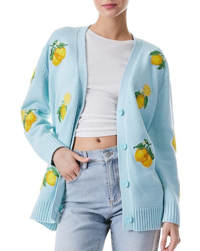 ALICE + OLIVIA BRADFORD LEMON EMBROIDERED BLUE CARDIGAN SIZE M