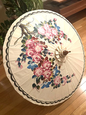 Vintage Chinese Japanese Cloth Parasol Umbrella Handmade Wood Frame
