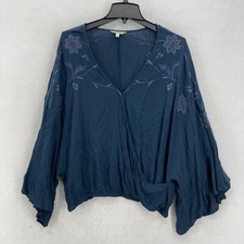 Lucky Brand Blouse 1X Blue Embroidered Boho Peasant Top Bell Sleeve Flowy Y2K