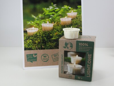 LIGHT.ONE Teelicht mit Papierhülle Nachhaltig  Ökologisch 12 Stück Wenzel Kerzen
