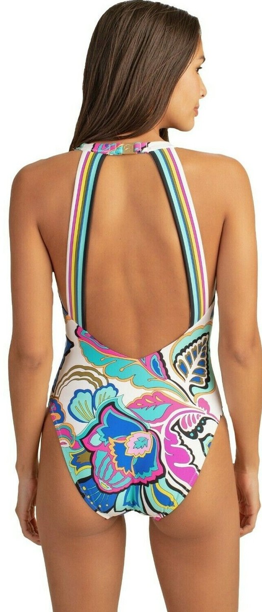 Trina Turk Mandalay Floral Plunge Ring Buckle Halter One Piece