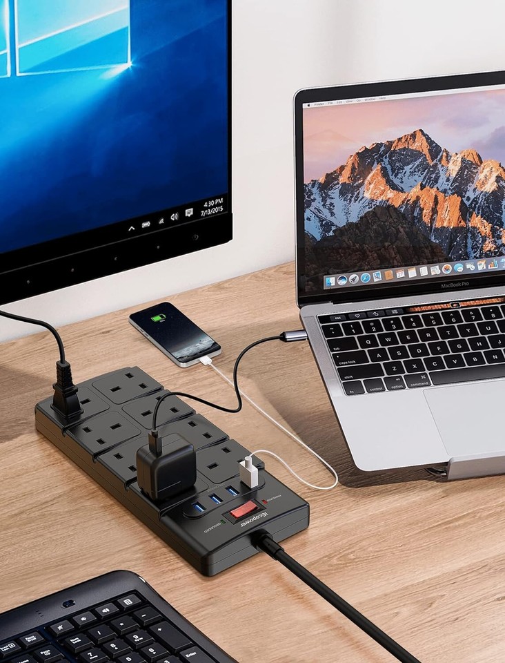 8 Way Mains + 4 USB Ports Extension + Surge Protection On/Off Switch 1 ...