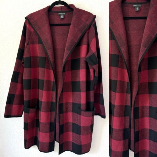 Adrienne Vittadini Cardigan Women Size 1X Red Plaid Long Hooded Cotton blend