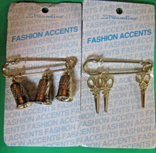 (2) VINTAGE STREAMLINE 2 1/2" GOLD METAL LAPEL PINS THIMBLES & SCISSORS NOC-S529