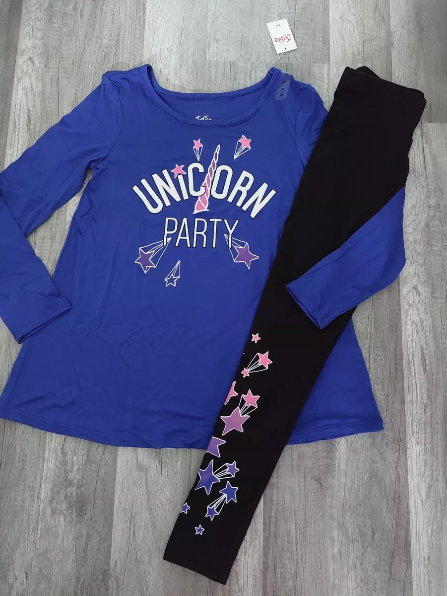 NWT Justice Girls Outfit Unicorn Party Top/Star Leggings Size 10