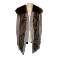 Max Mara Sportmax Pure Wool Cardigan Coat In Grey With Real Brown Fur Size 10 Uk