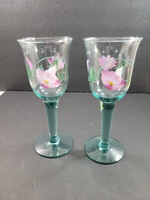 Set of 2 Hand Blown Green Blue Glass Wine Goblet Hand Painted Pink Roses 8'' Tall