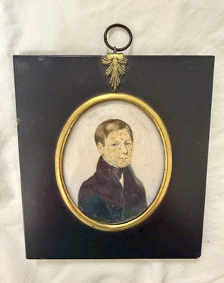 Victorian Ebony & Brass Framed Miniature Hand-Painted Portrait of Man