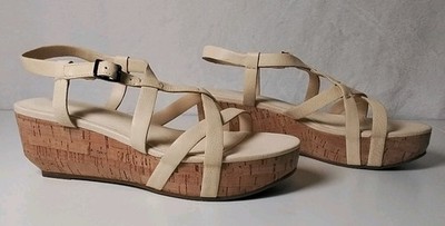  Eileen Fisher Sz 8 Bone Matte Array Core Cork Wedge Strappy Sandals