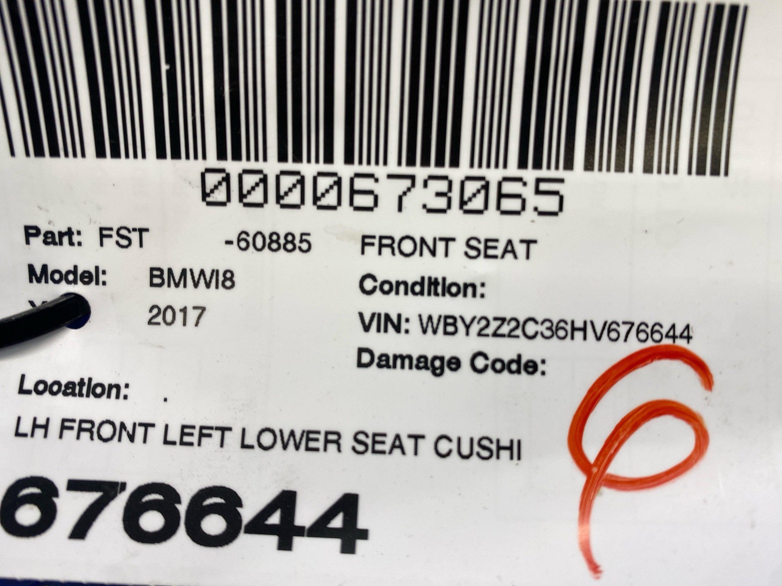 2014-2019 BMW I8 FRONT LEFT LOWER SEAT CUSHION GRAY LEATHER OEM