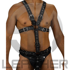 Arnés de cuero negro con correa deportiva para hombre - Conjunto fetiche ajustable premium