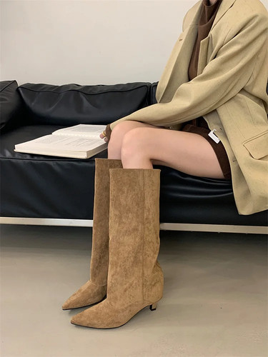 Winter Street Style Pointed Toe Knee-High Boots Women Low Heels Shoes Long Boots - Picture 11 of 14