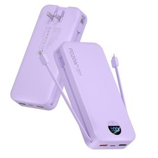 Portable Power Bank 20000mAh PD 20W w/Built-in Cables  Wall Plug Violet