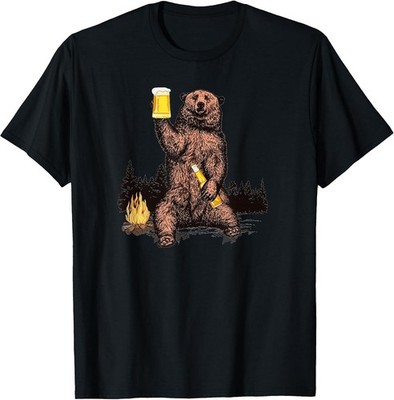 Bear Drinking Beer Camp Fire Woods Outdoor Funny Grizzly T-Shirt Gift Size S-4XL